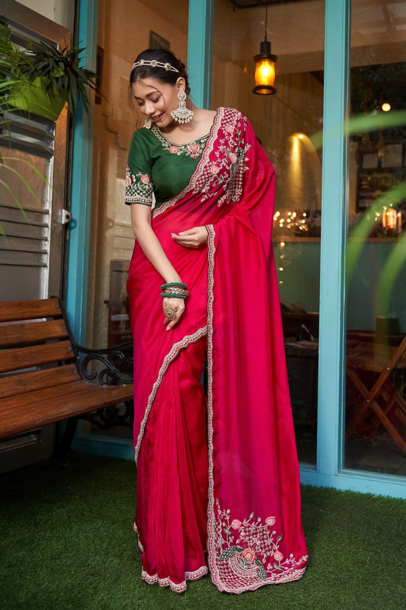 Rani Pink Silk Heavy Handwork &  Embroidery Saree