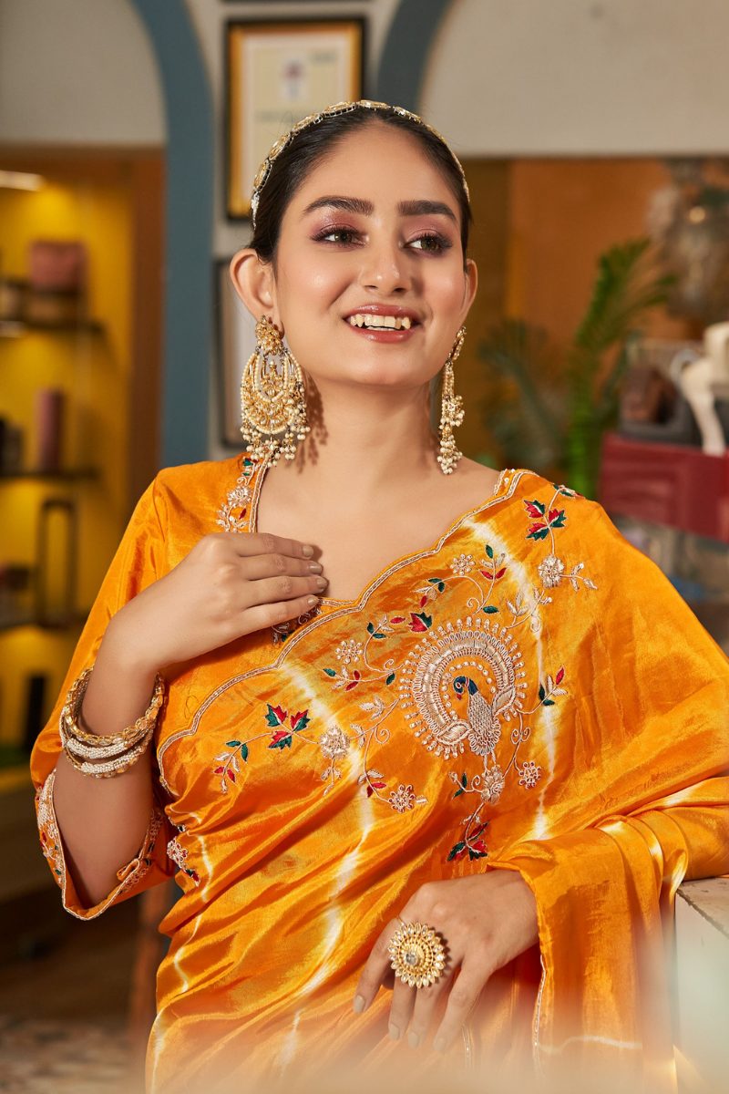 Orange Upada Heavy Handwork &  Embroidery Saree