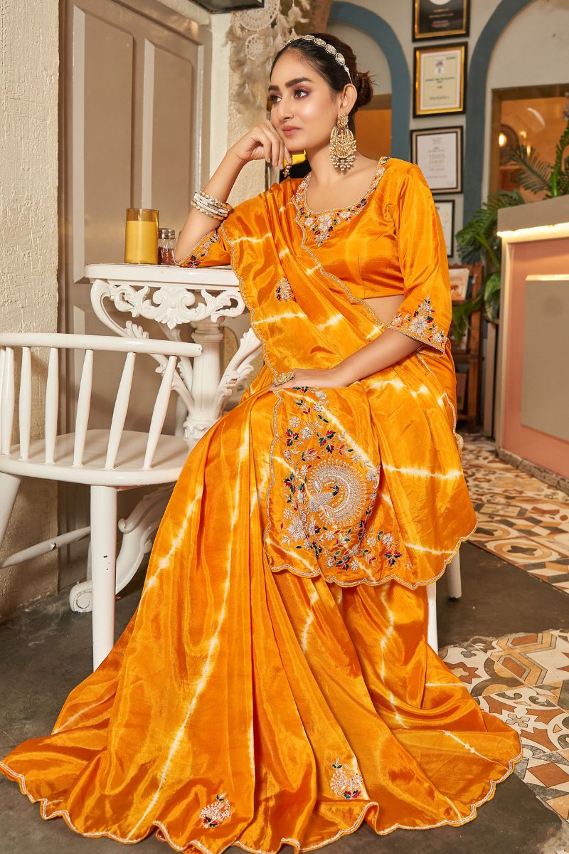 Orange Upada Heavy Handwork &  Embroidery Saree