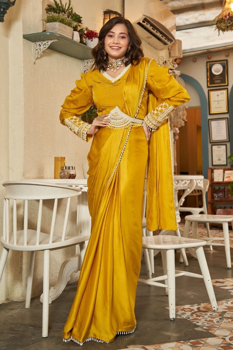 Mustard Black Heavy Satin Ready to Wear Saree