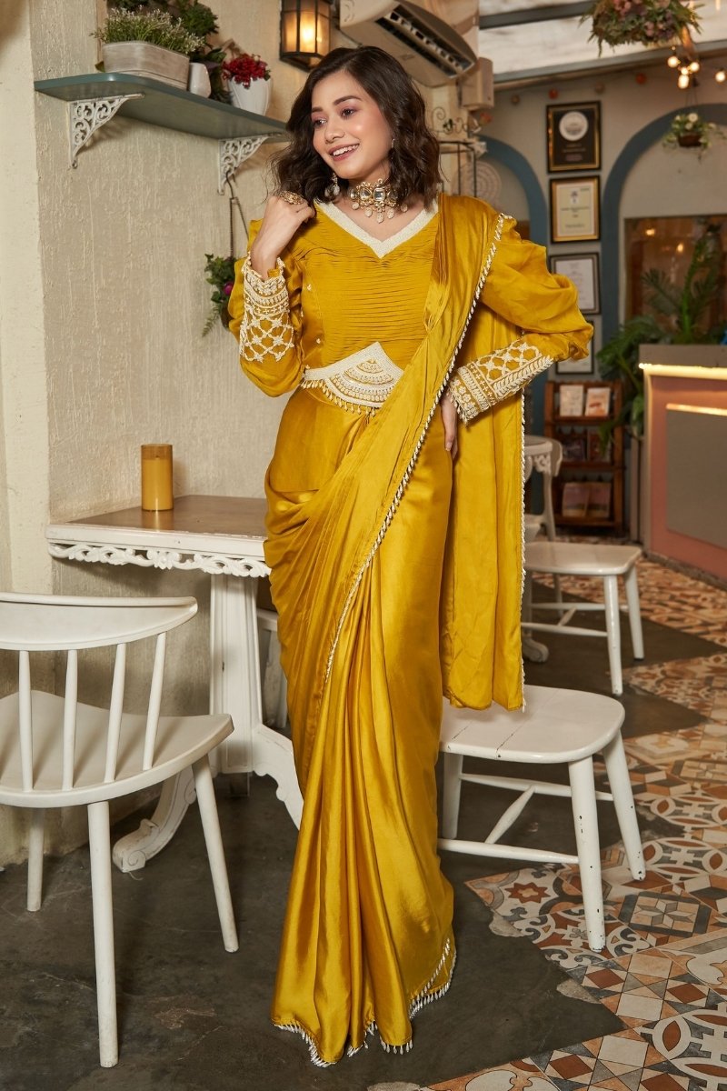 Mustard Black Heavy Satin Ready to Wear Saree