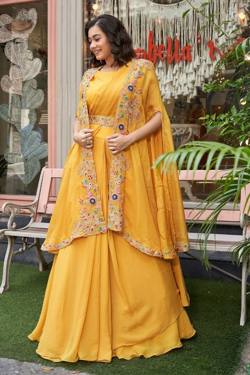 Yellow Georgette Heavy Hand Work Partywear Saree