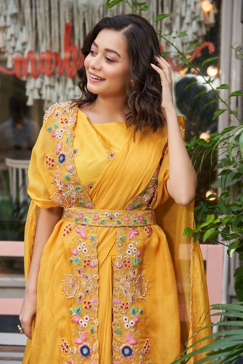 Yellow Georgette Heavy Hand Work Partywear Saree