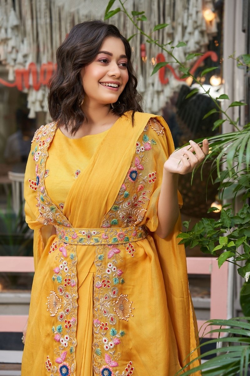 Yellow Georgette Heavy Hand Work Partywear Saree