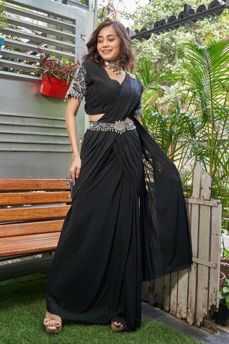 Black Lycra Net Heavy Handwork Saree