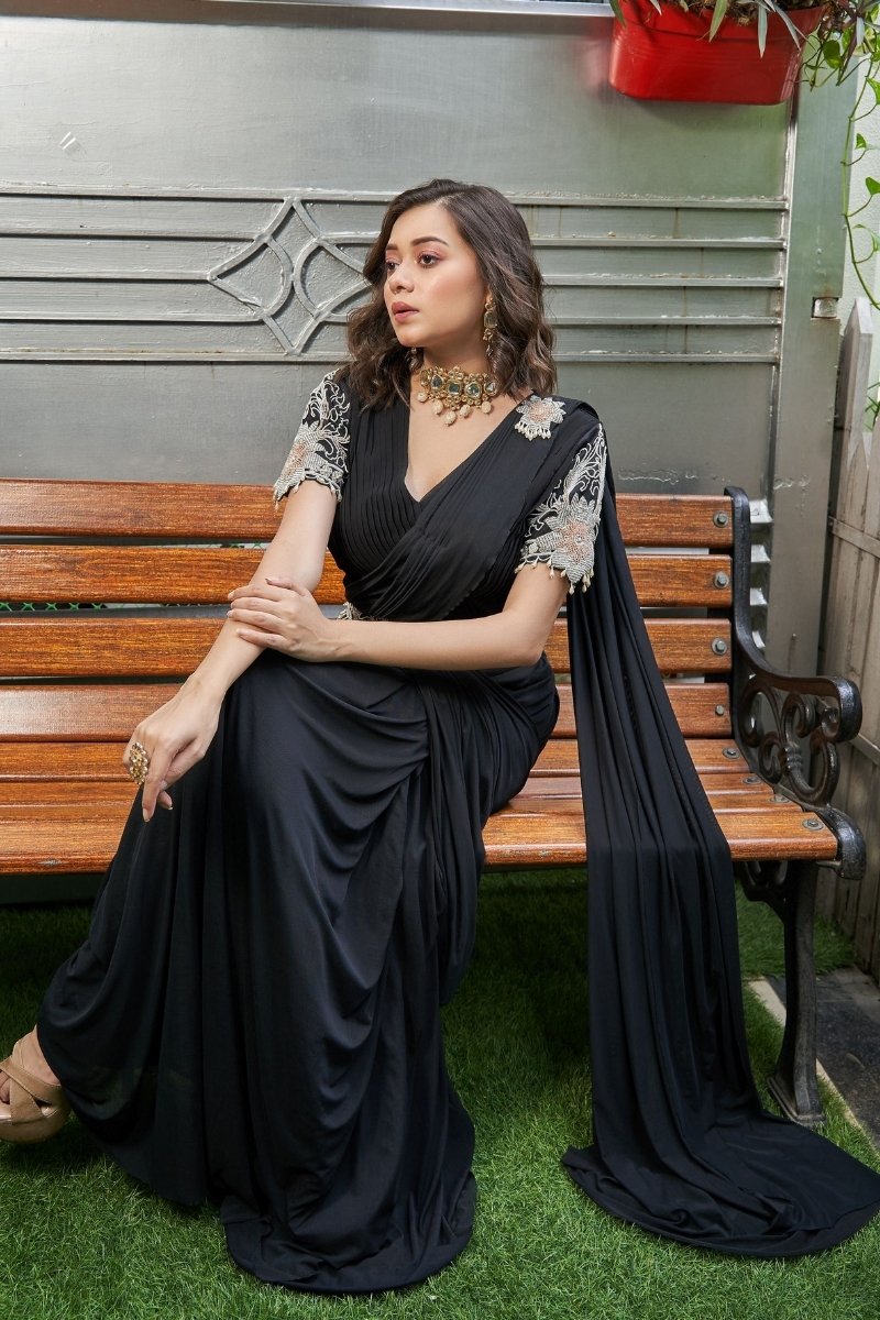 Black Lycra Net Heavy Handwork Saree