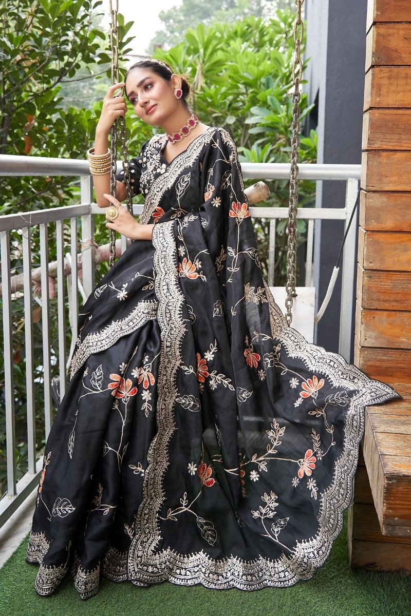 Black Tussar Heavy Handwork Embroidery Saree