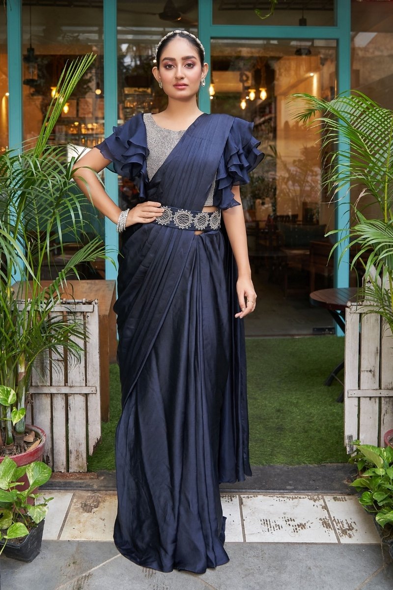 Navy Blue Heavy Satin Heavy Embroidery Saree