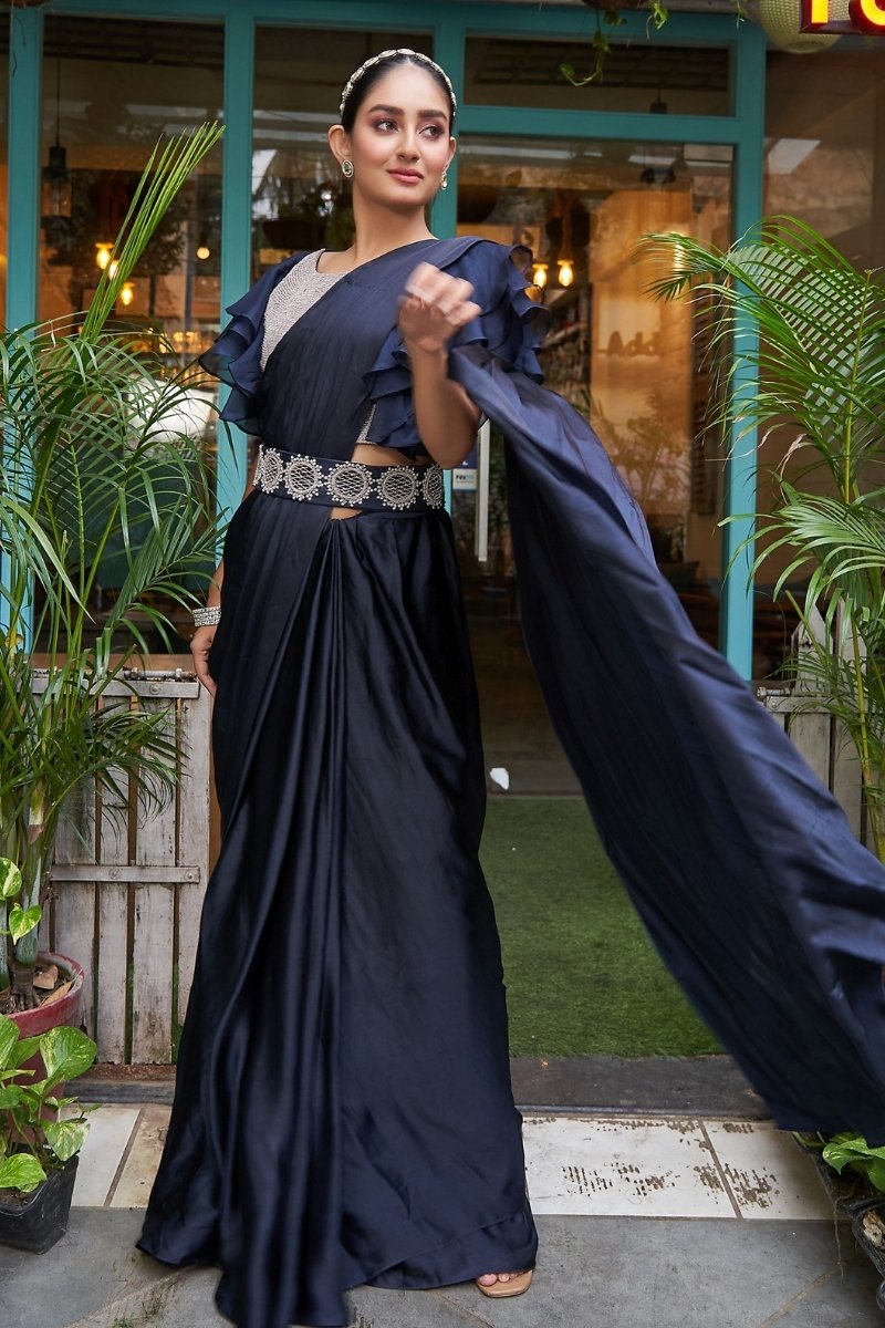 Navy Blue Heavy Satin Heavy Embroidery Saree