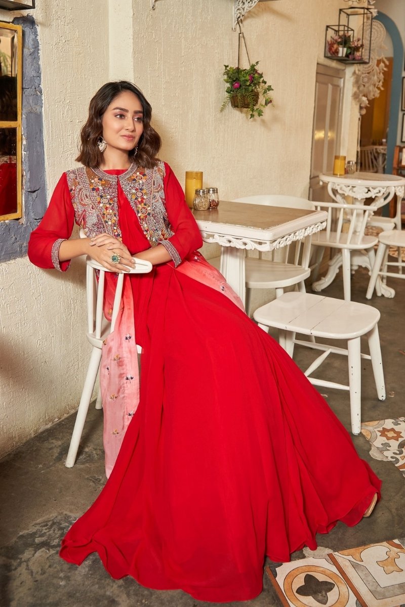 Red Georgette Heavy Emrboidery & Hand Work lehenga