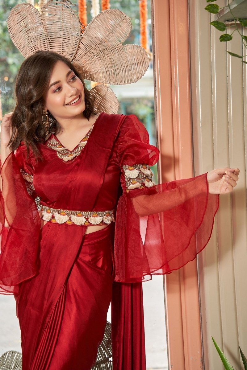 Red Satin Heavy Heavy Embroidery & Hand Work Saree