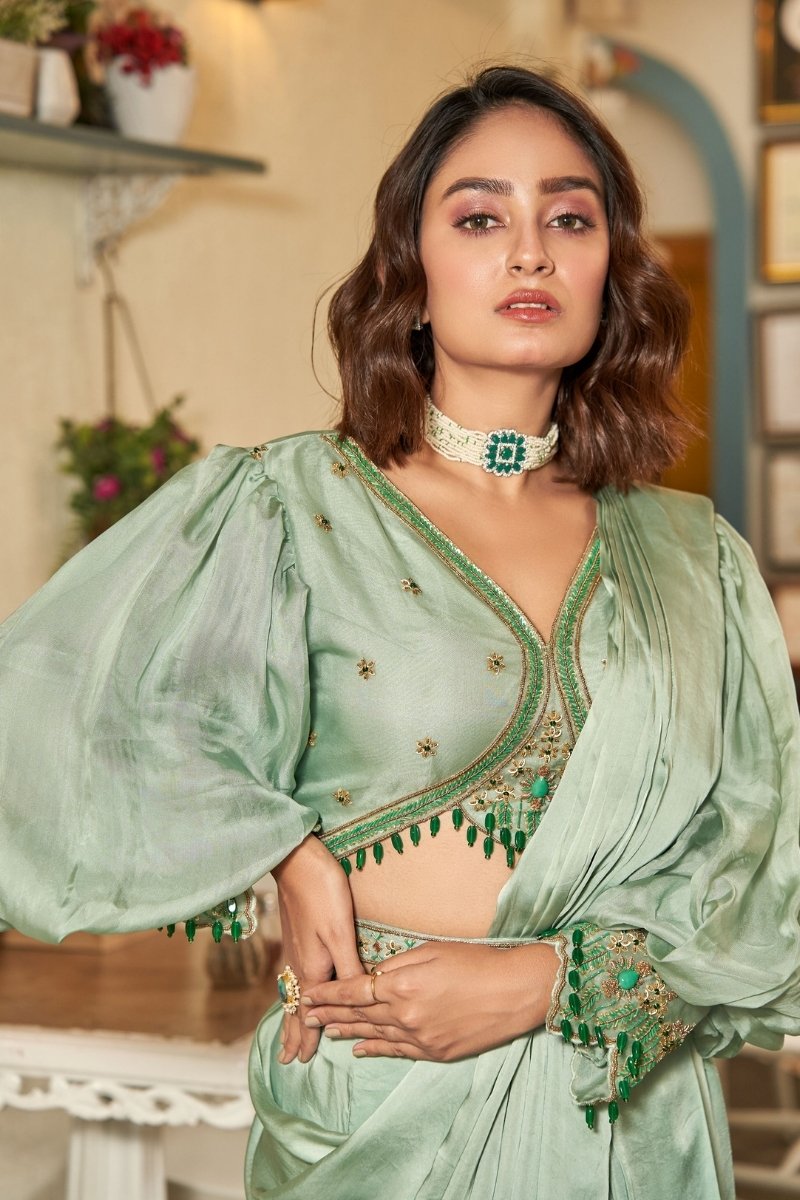 Pista Satin Heavy Heavy Embroidery & Hand Work Saree