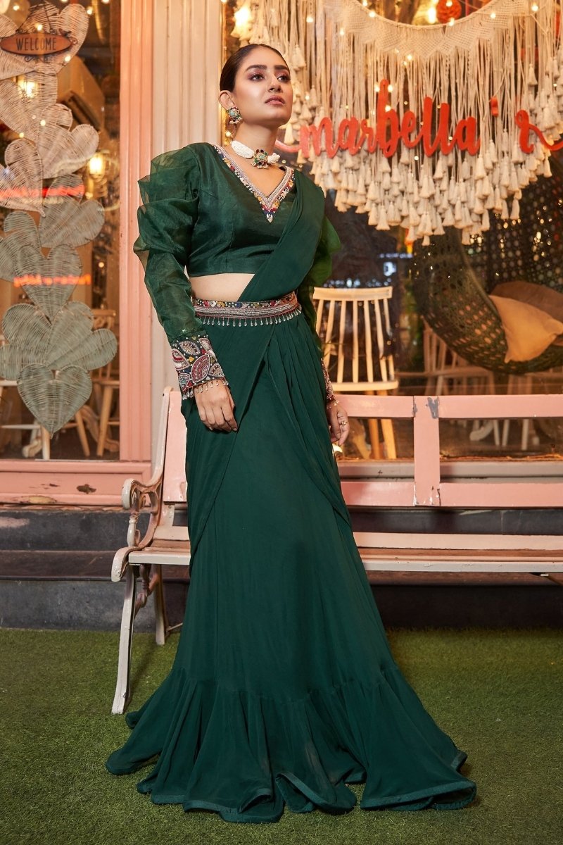 Bottle Green Georgette Heavy Embroidery & Hand Work Lehenga