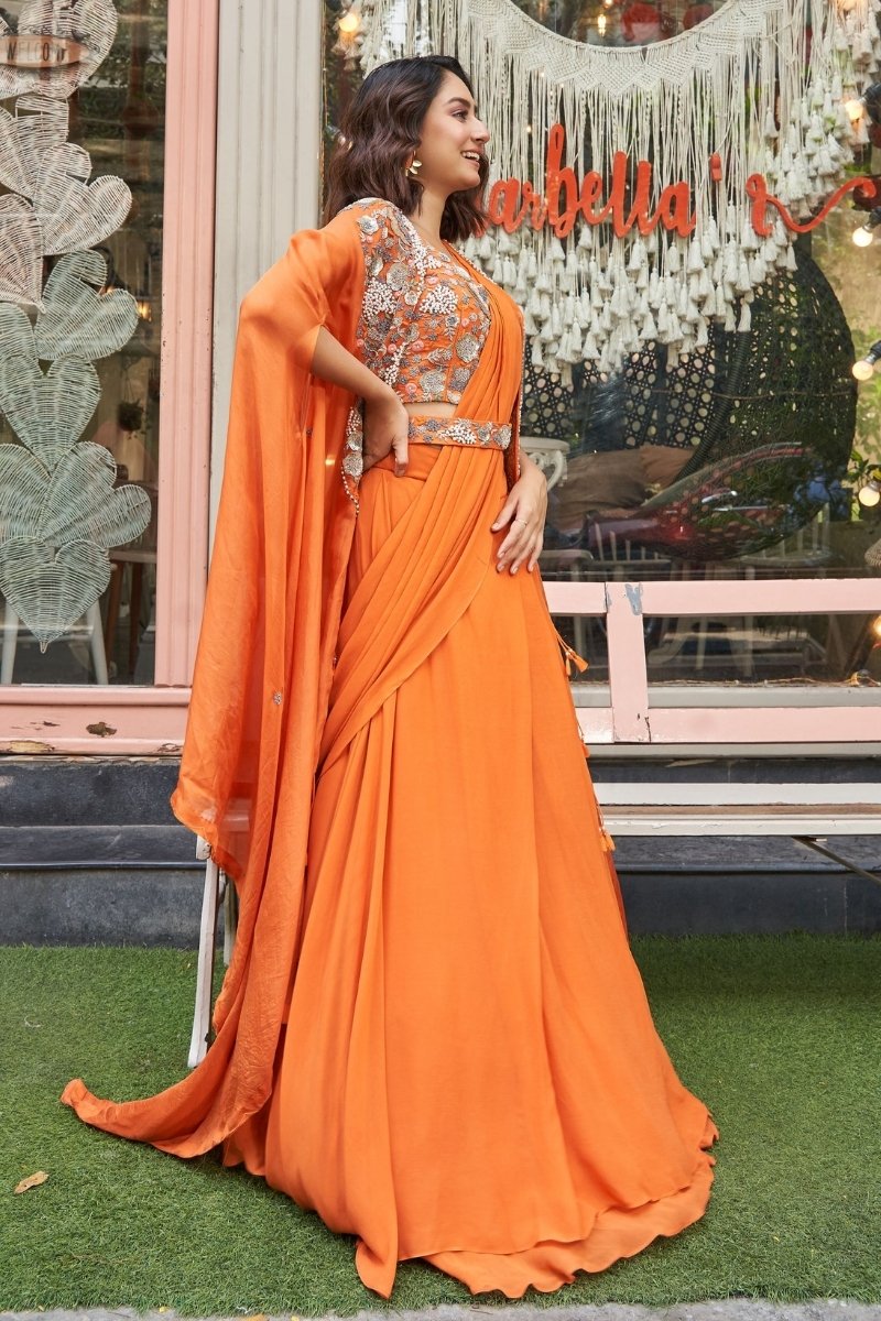 Orange Georgette Heavy Hand Work Lehenga