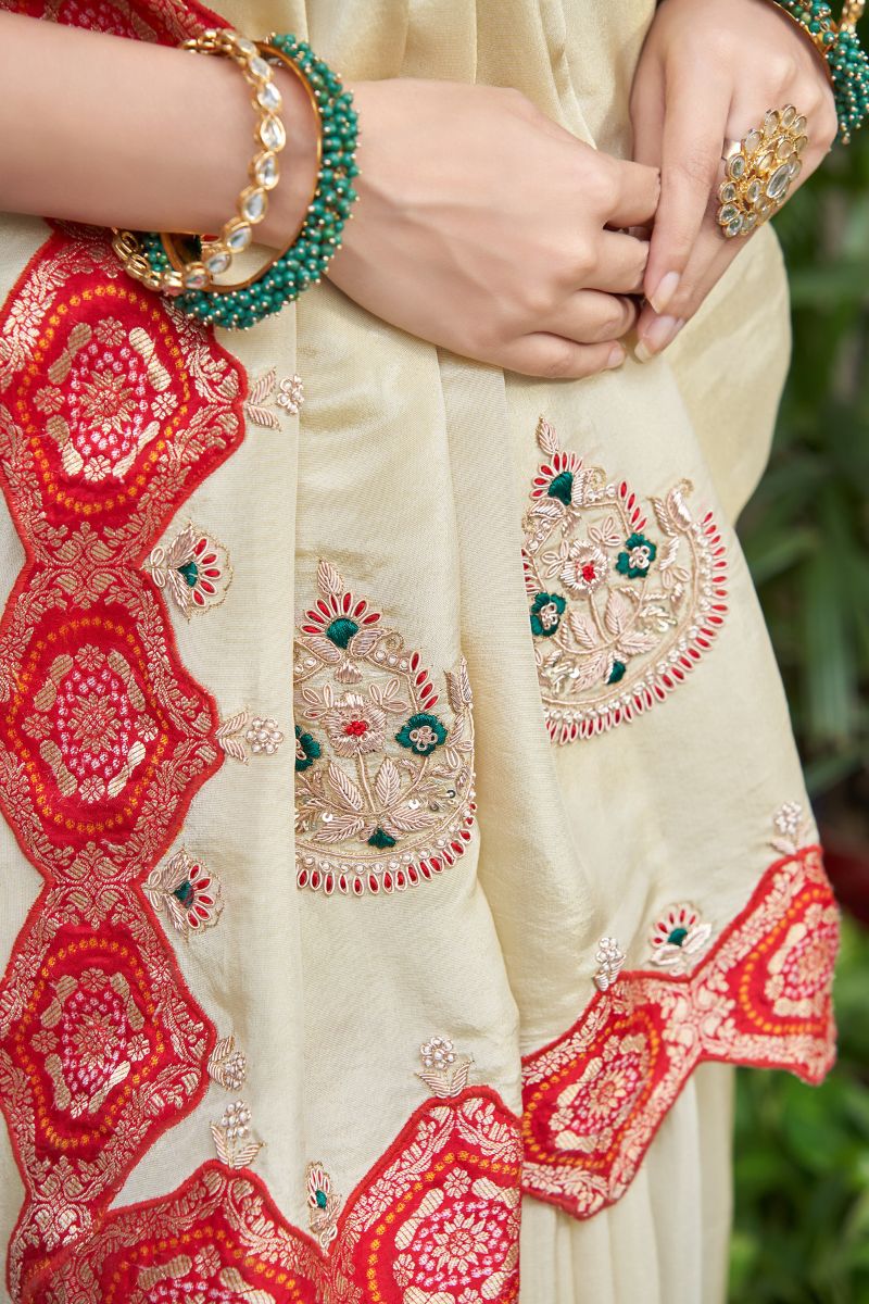 Chiku and Red Tissue Embroidery Saree