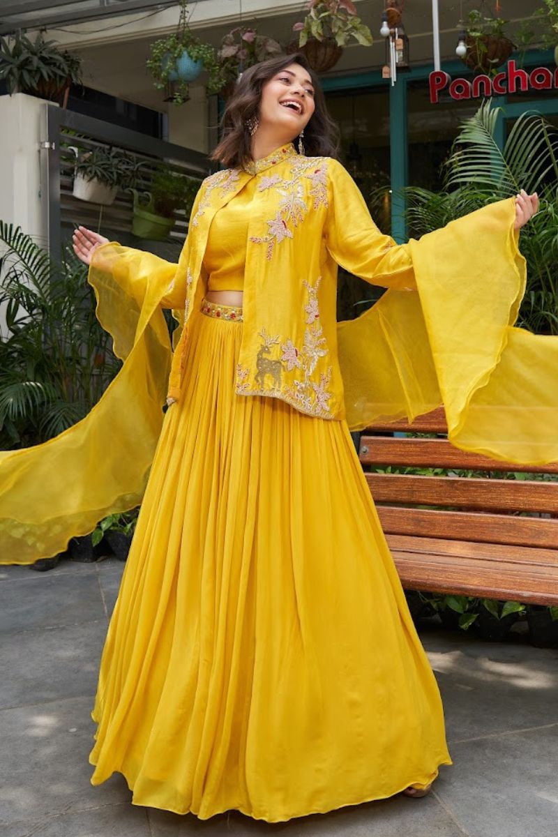 Yellow Georgette Heavy Hand Work Lehenga