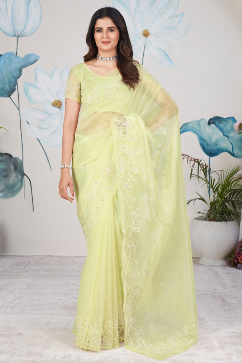 Yellow Light Crush Tissue Pearl Hand Work Saree