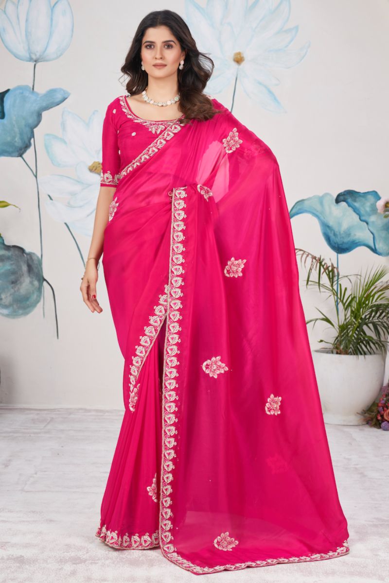 Pink Silk Fancy Zardosi Maal Work Partywear Saree