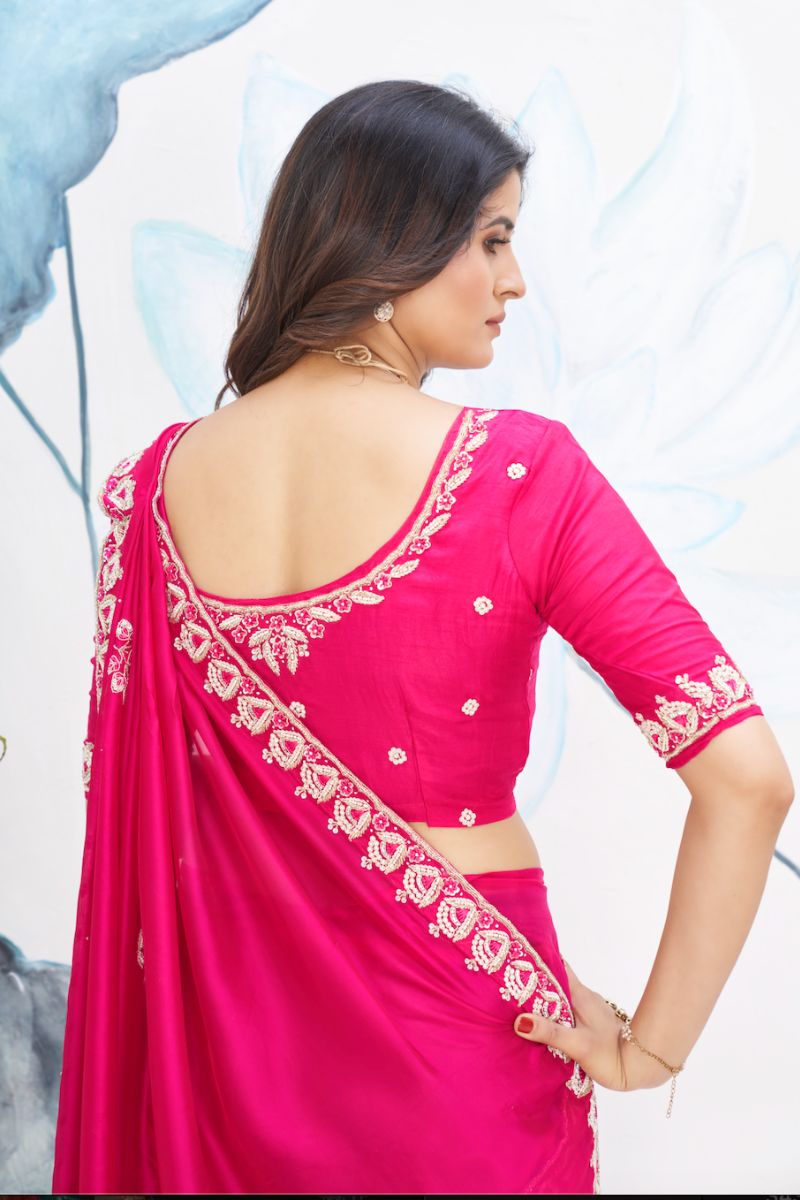 Pink Silk Fancy Zardosi Maal Work Partywear Saree