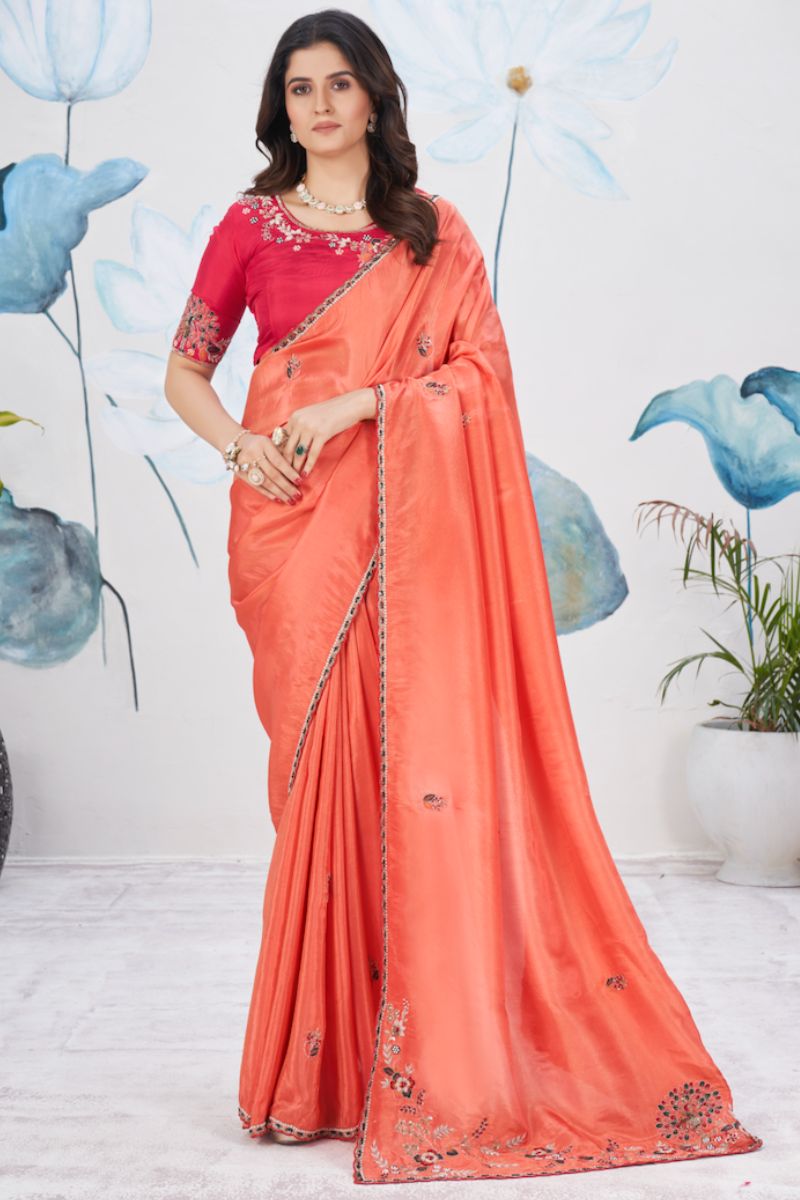 Pink & Peach Georgette Tissue Full Hand Work Partywear Saree