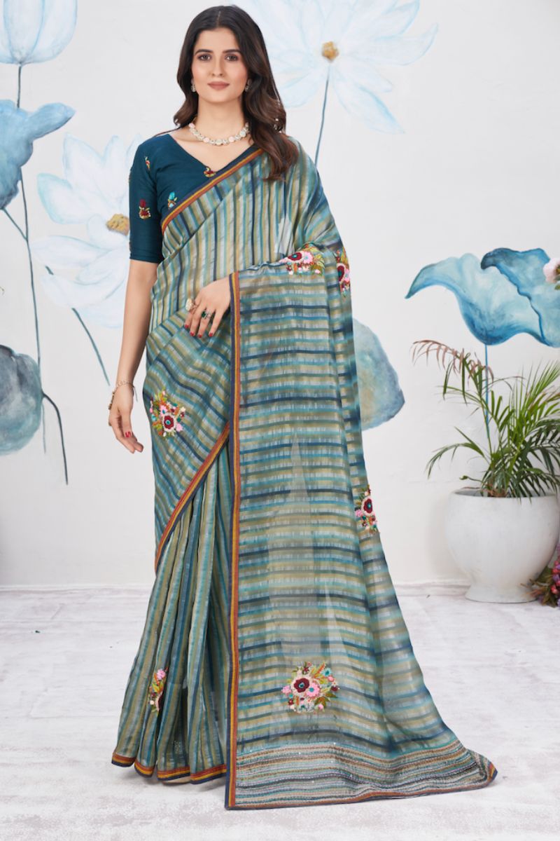 Blue Fancy Georgette Resham Work Partywear Saree