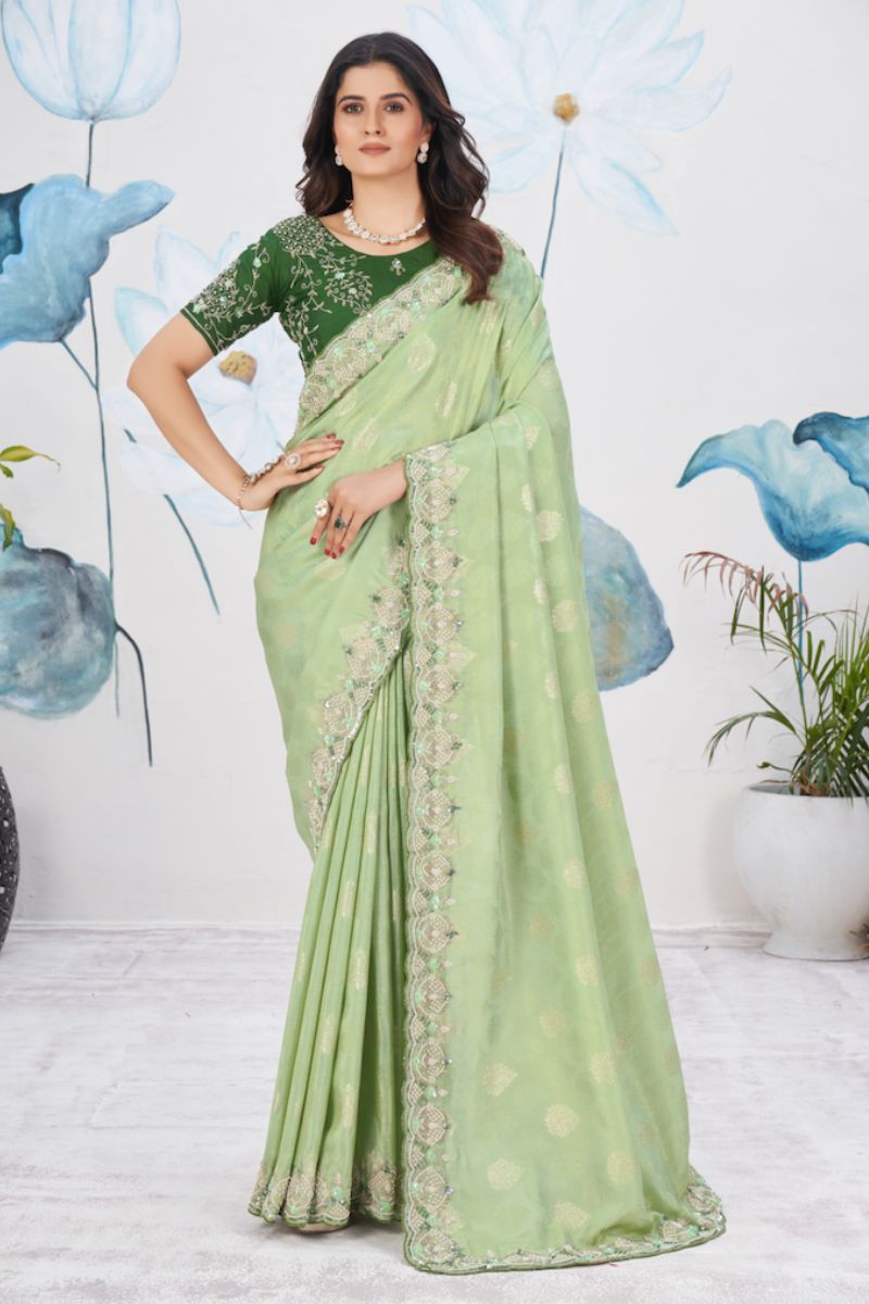 Green Fancy Jacquard Full Hand Work Partywear Saree