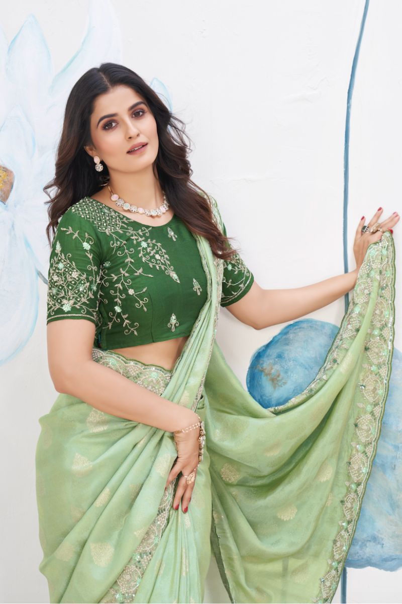 Green Fancy Jacquard Full Hand Work Partywear Saree