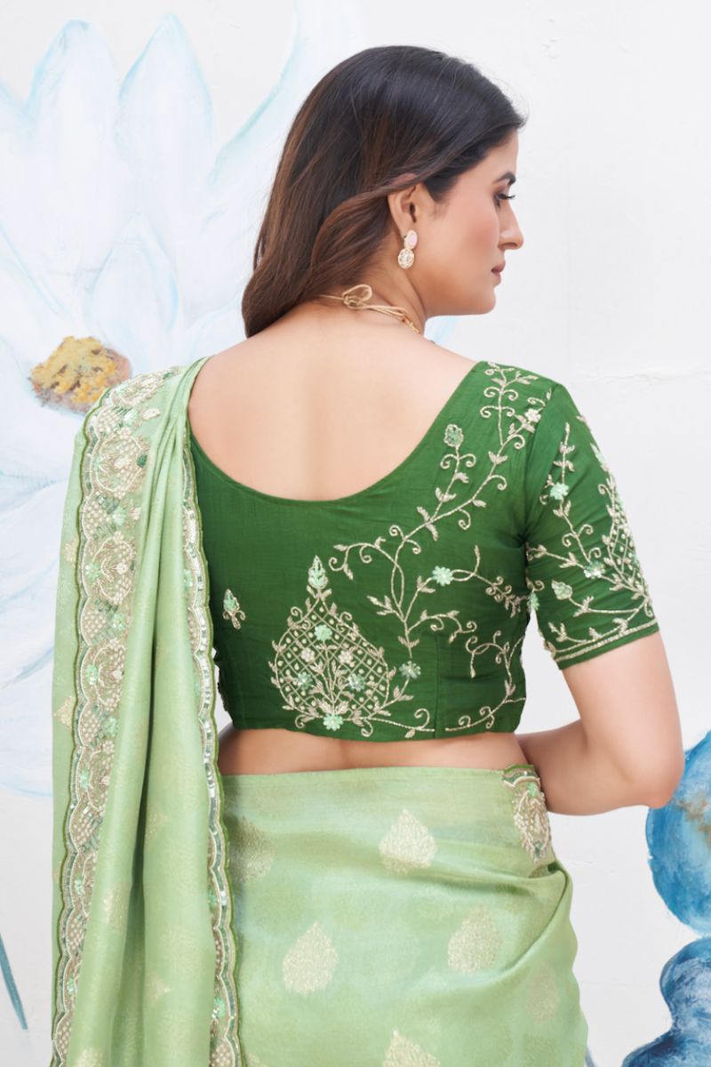 Green Fancy Jacquard Full Hand Work Partywear Saree