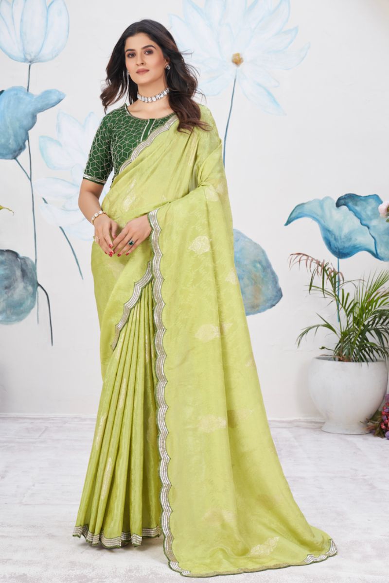 Green Fancy Jacquard Pipe Work Partywear Saree