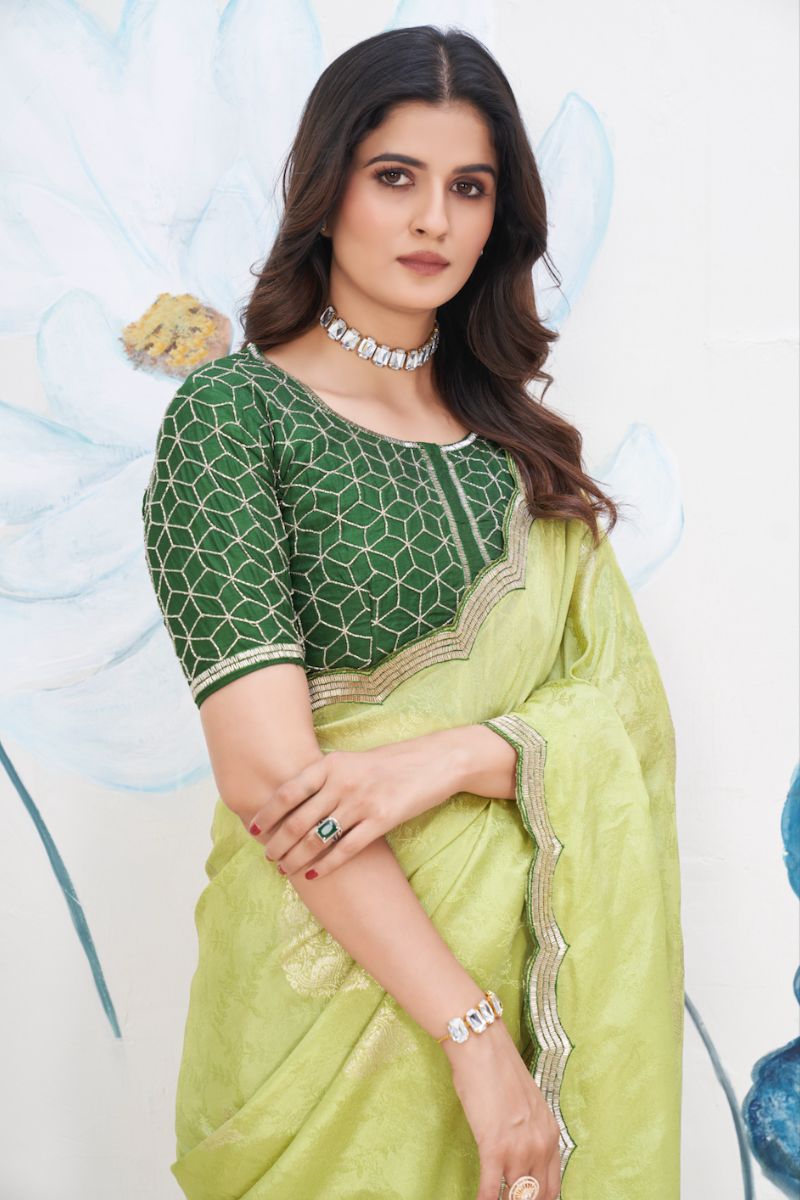 Green Fancy Jacquard Pipe Work Partywear Saree