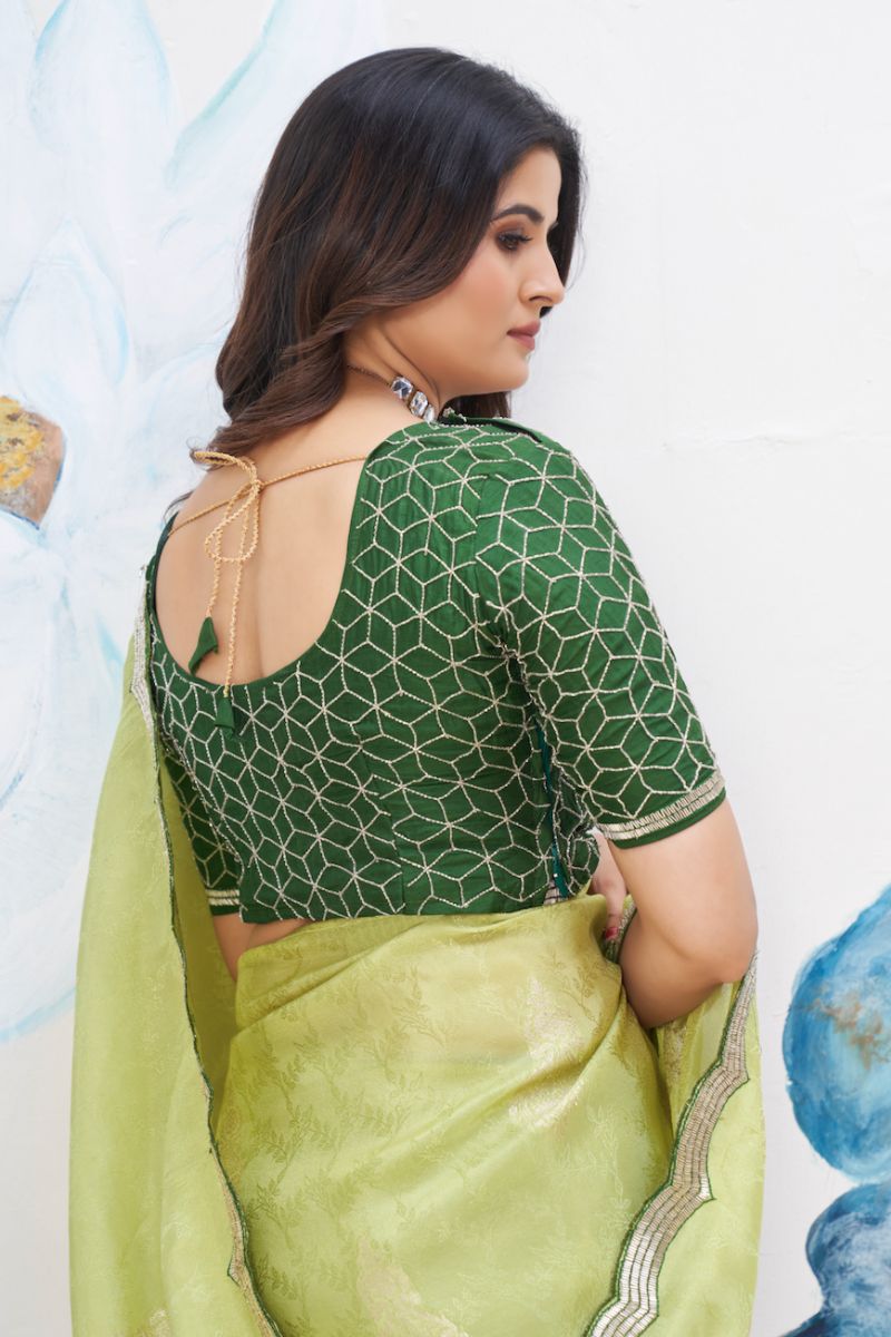 Green Fancy Jacquard Pipe Work Partywear Saree