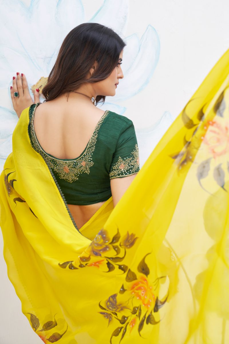 Green Yellow Organza Hand Printed Partywear Saree