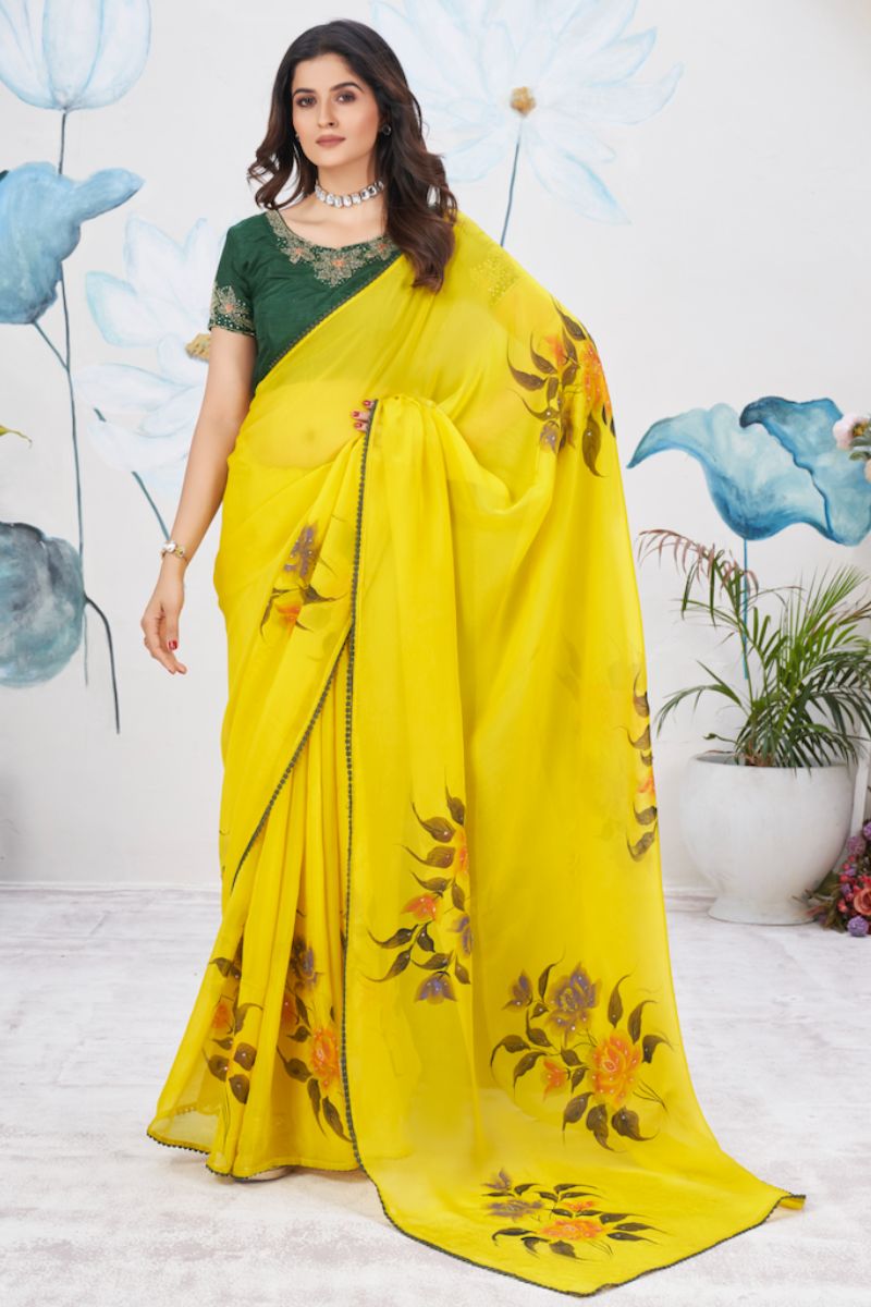 Green Yellow Organza Hand Printed Partywear Saree