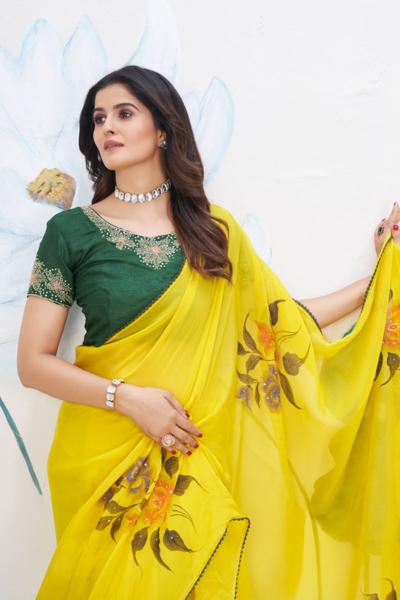 Green Yellow Organza Hand Printed Partywear Saree