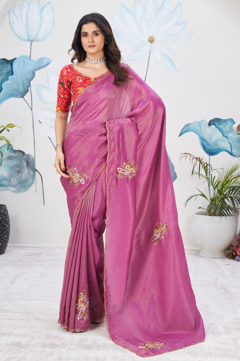 Red & Voilet Georgette Tissue Hand Work Partywear Saree