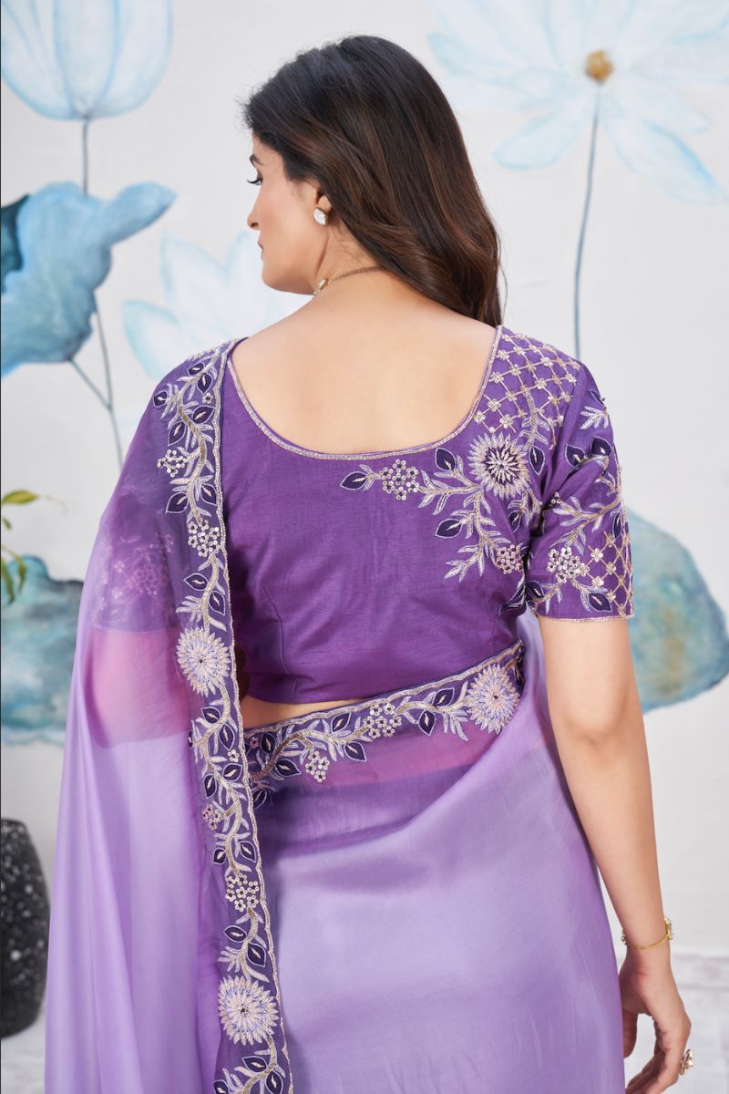 Violet Silk Full Hand Work Stitched Blouse Partywear Saree