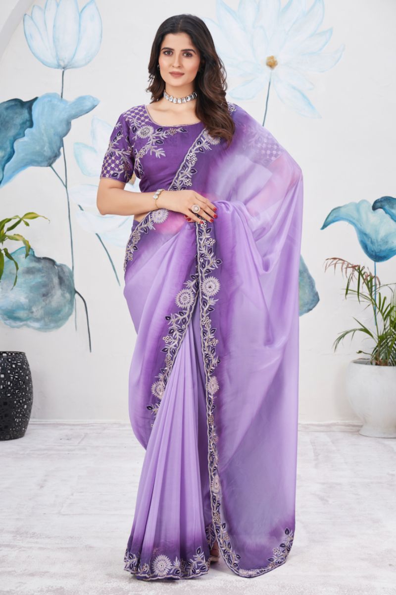 Violet Silk Full Hand Work Stitched Blouse Partywear Saree