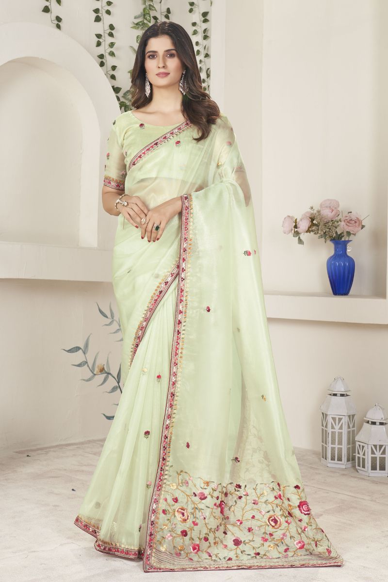 Green Raina Silk Hand Embroidery Unstitch Partywear Saree