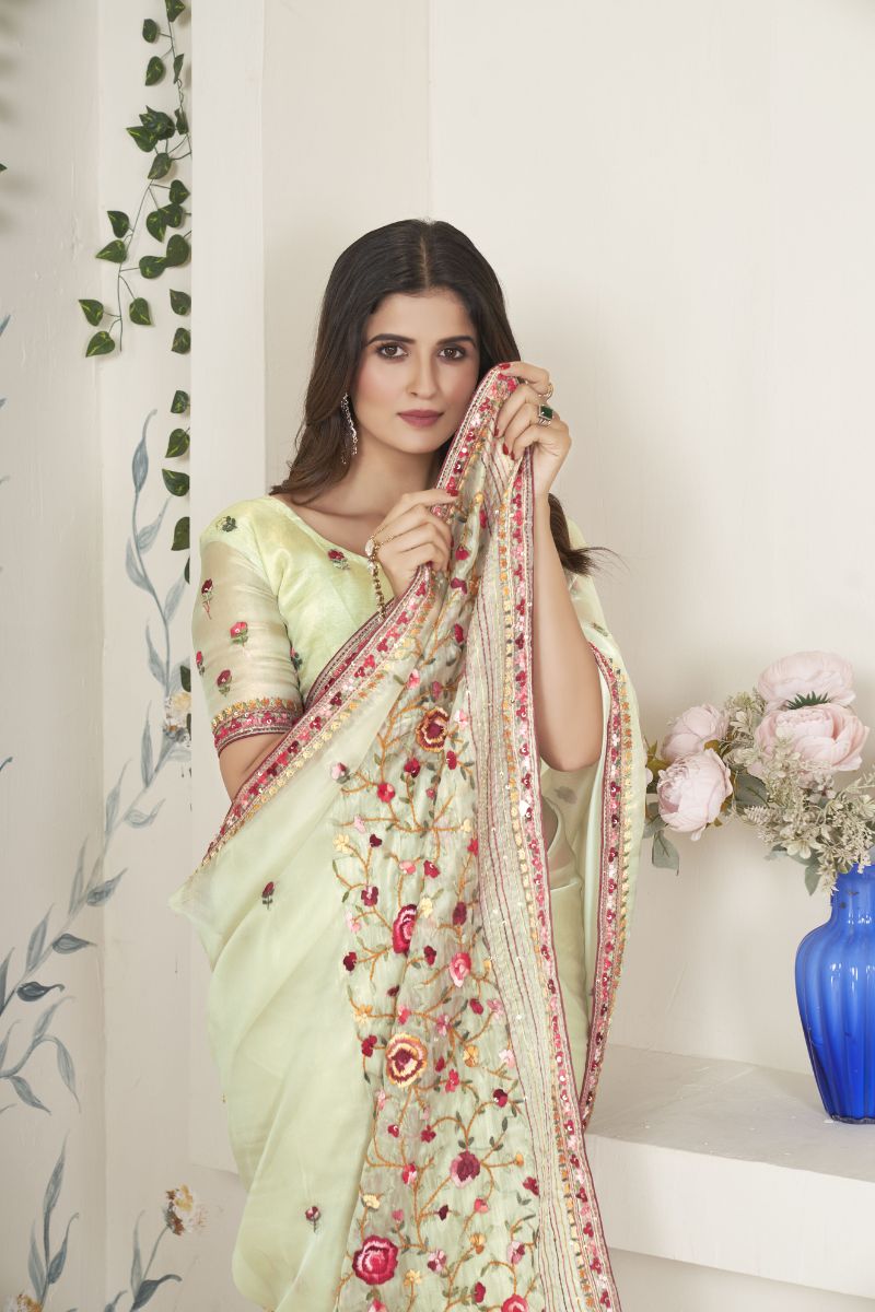 Green Raina Silk Hand Embroidery Unstitch Partywear Saree