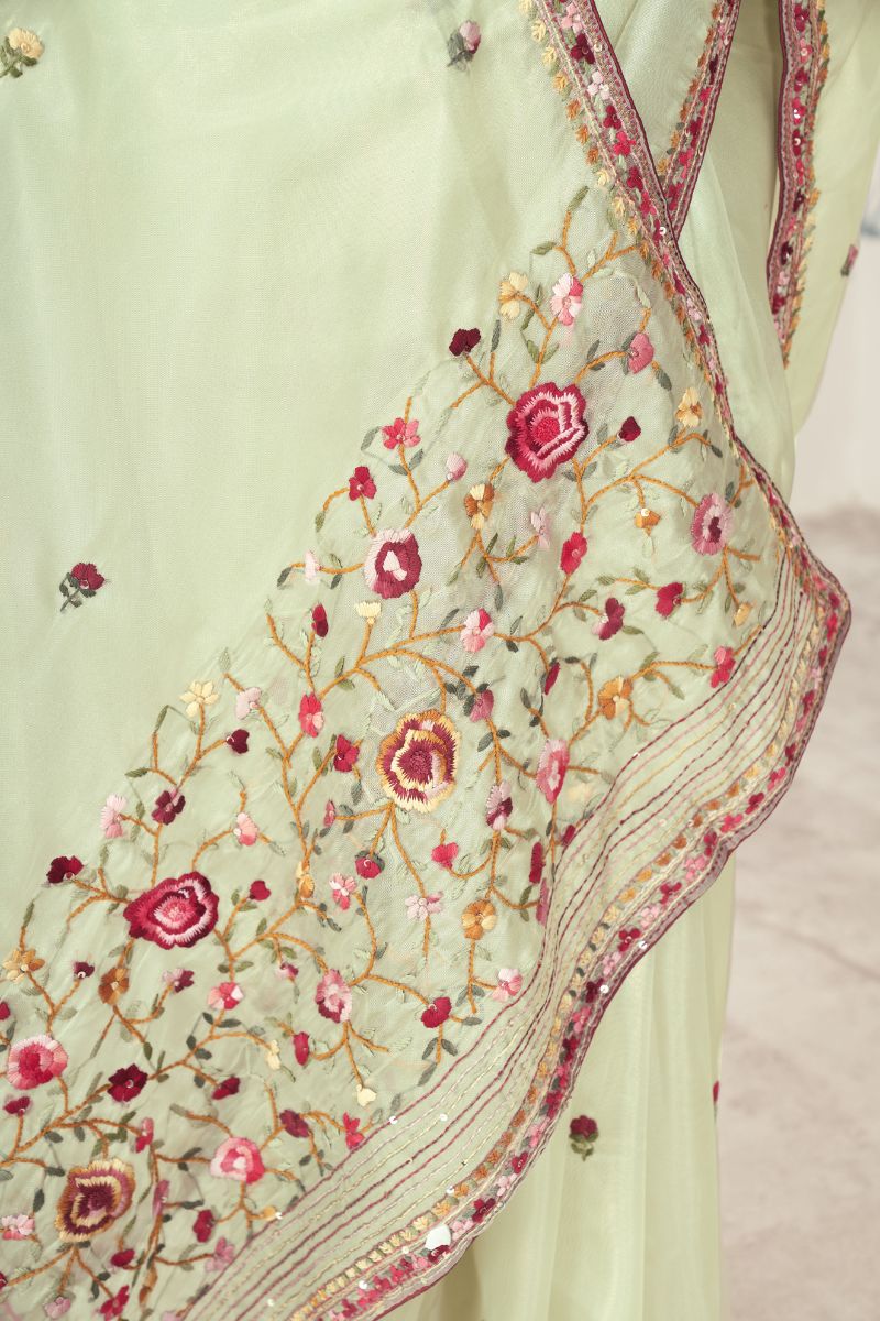 Green Raina Silk Hand Embroidery Unstitch Partywear Saree