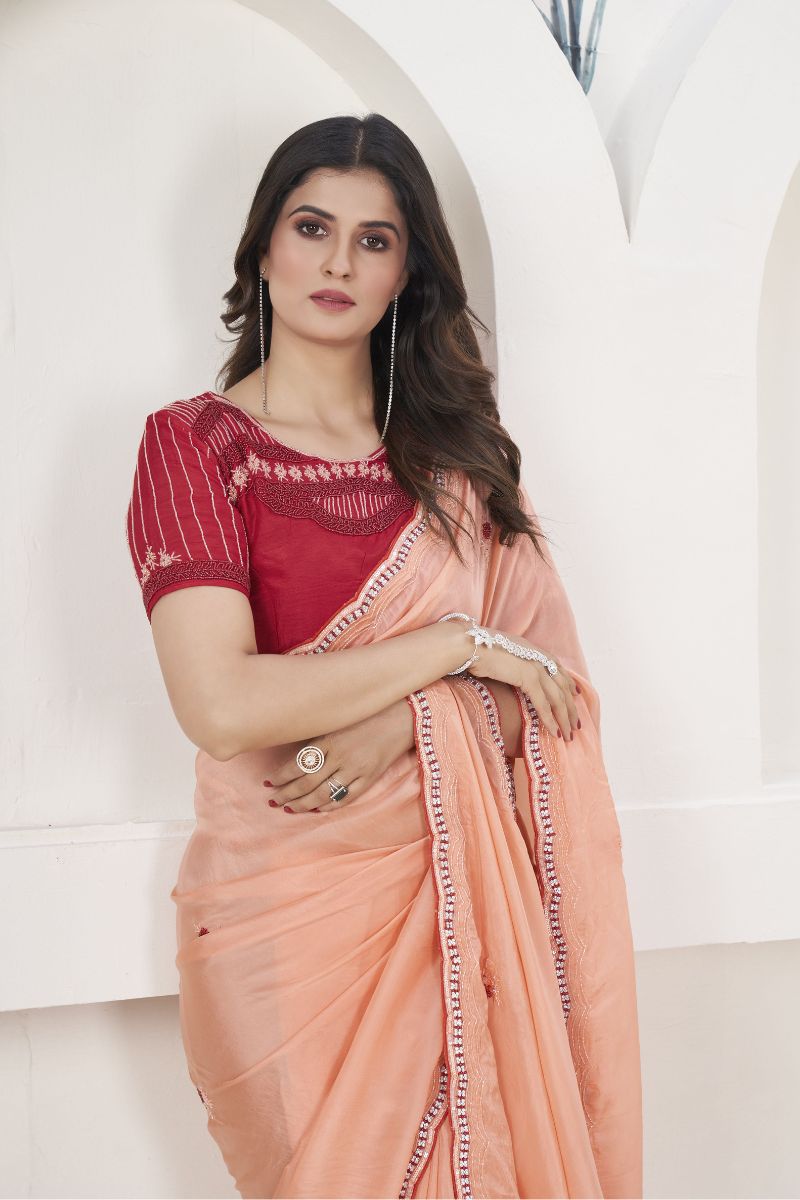 Red & Peach H.O Silk Sequence Hand Work Partywear Saree