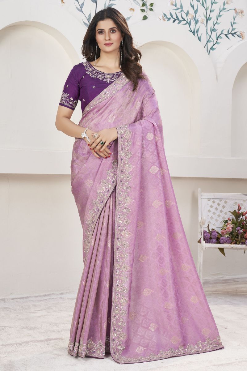 Voilet Fancy Jaquard Tissue Zardosi Hand Work Partywear Saree