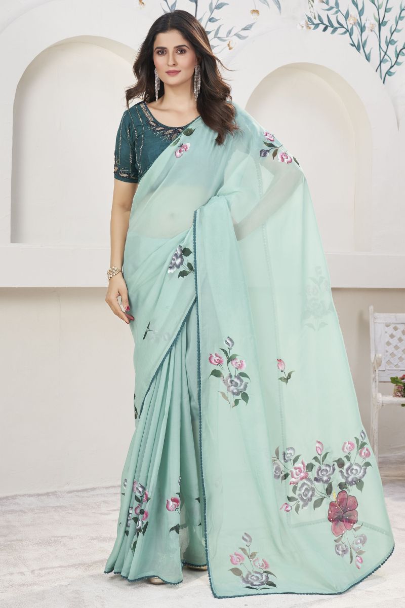 Green Printed Organza Hand Print Partywear Saree