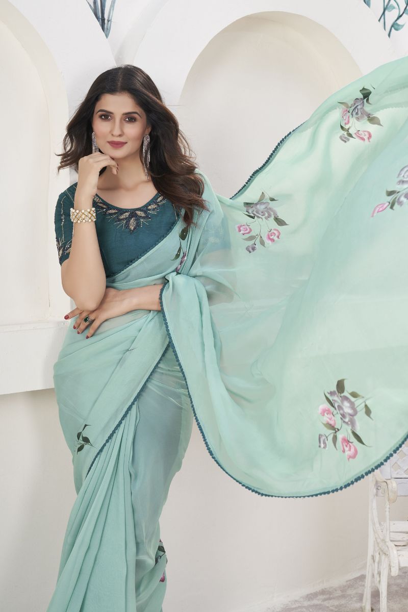 Green Printed Organza Hand Print Partywear Saree