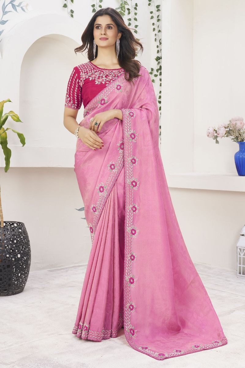 Pink Fancy Georgette Tissue Hand Work Partywear Saree