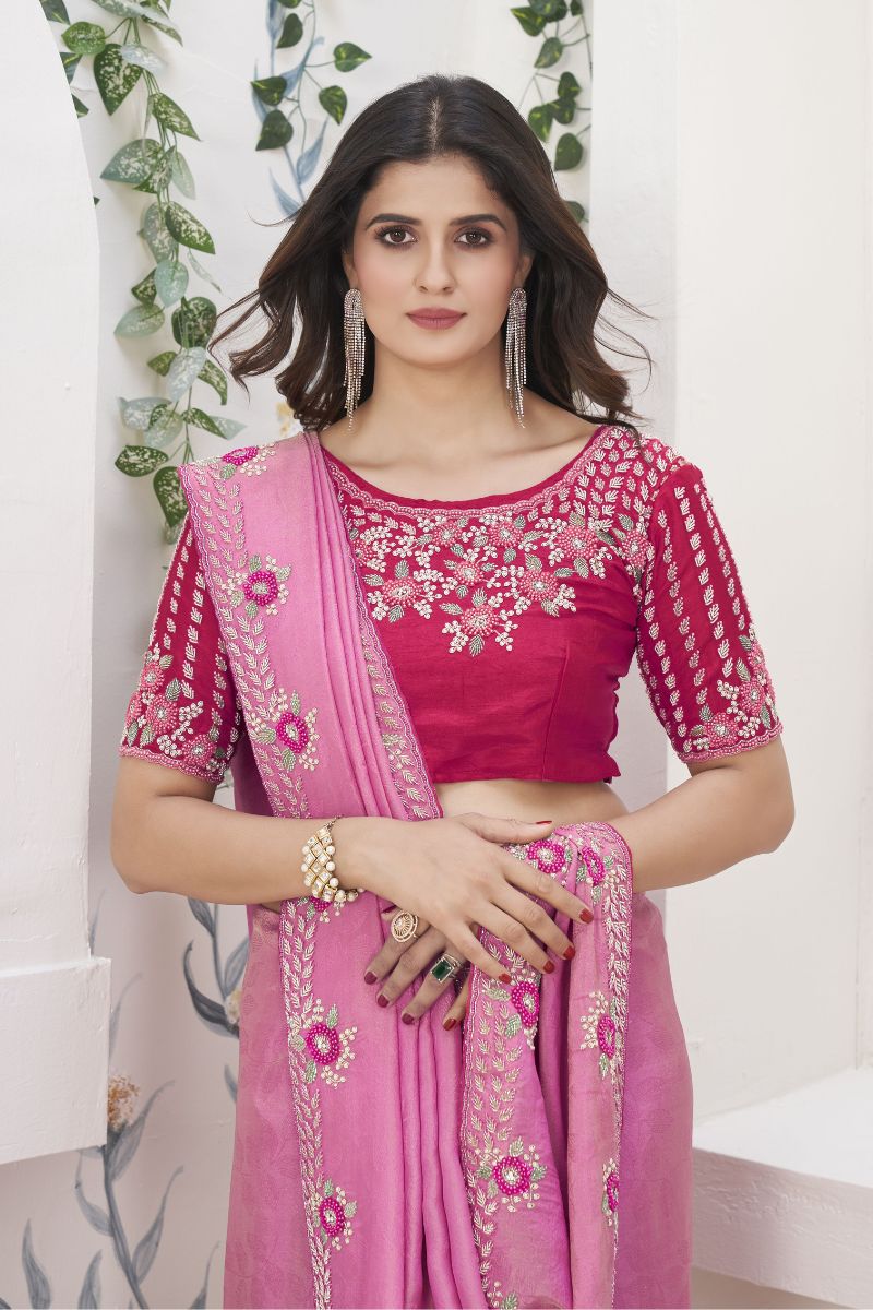 Pink Fancy Georgette Tissue Hand Work Partywear Saree