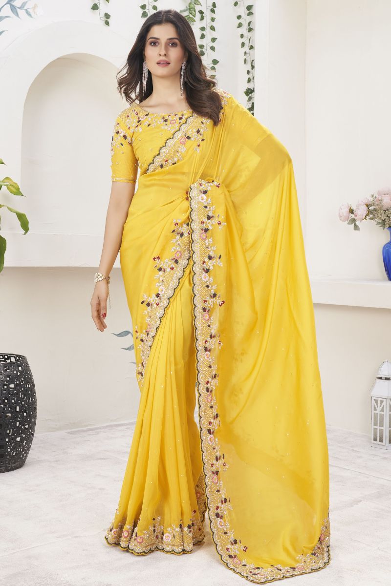 Yellow H.O Silk Zardosi & Resham Work Prtywear Saree