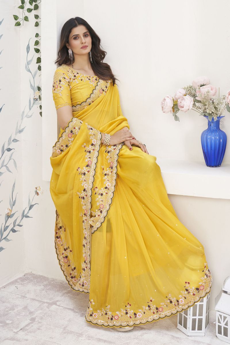 Yellow H.O Silk Zardosi & Resham Work Prtywear Saree