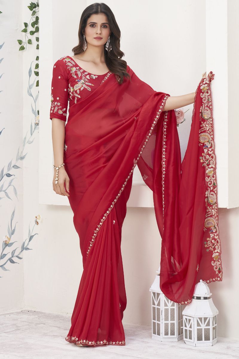 Red H.O Silk Zardosi Work Unstiched Partywear Saree