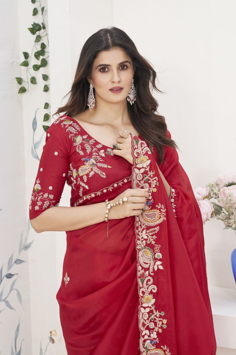 Red H.O Silk Zardosi Work Unstiched Partywear Saree